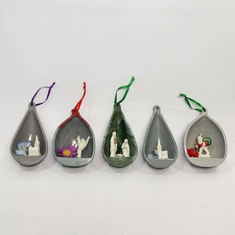 Set of 5 Teardrop Nativity Crèche Porcelain Diorama‎ Christmas Ornaments - Rare